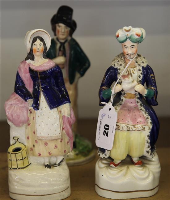 3 Staffordshire pottery figures: Highland Lass, Turkish Prince and a figure Gin / Water